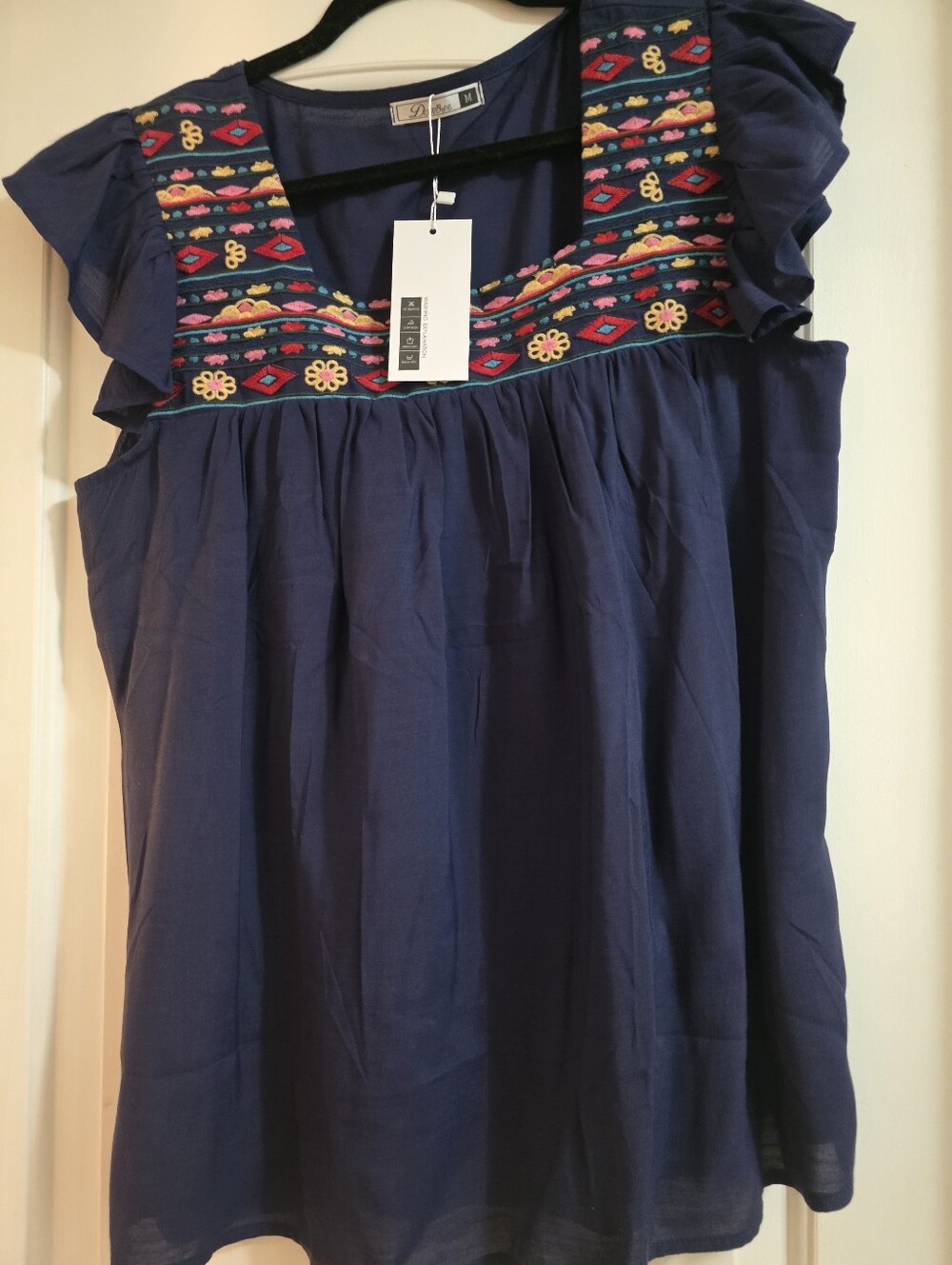 NWT..Embroidered Flutter-Sleeve Top - Navy